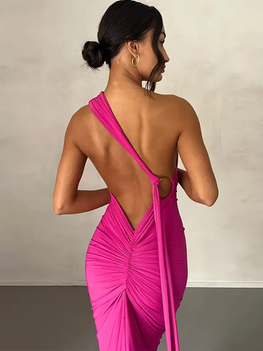 Oblique Shoulder Back Strap Backless Maxi Dress Rown