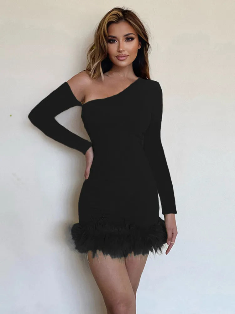 Oblique Shoulder Feather Mini Dress Rown