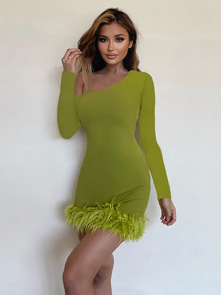 Oblique Shoulder Feather Mini Dress Rown