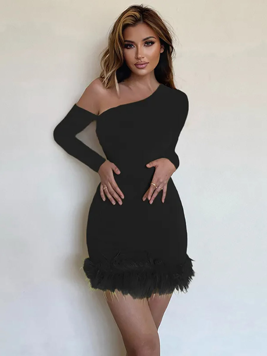 Oblique Shoulder Feather Mini Dress Rown