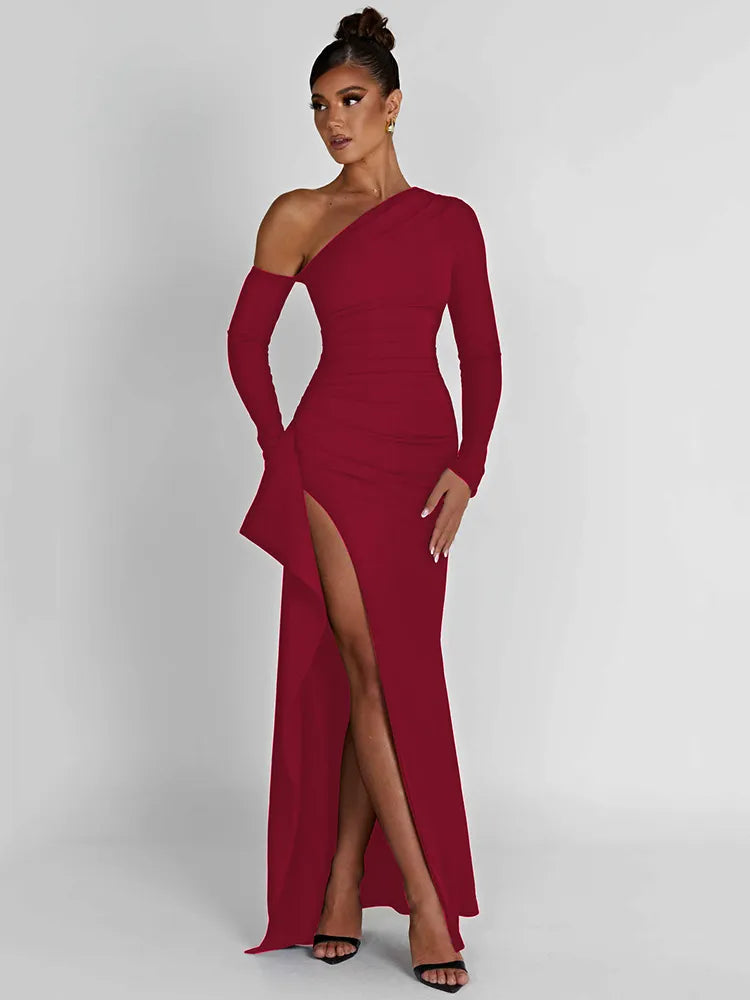 Oblique Shoulder Thigh High Split Maxi Dress Rown