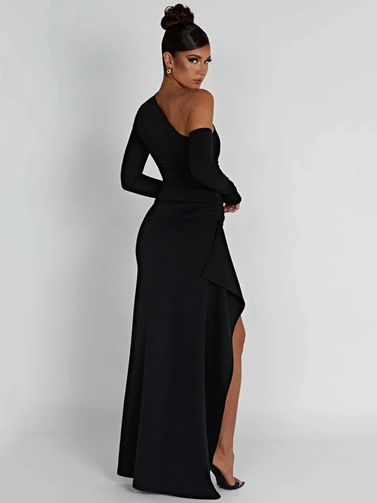 Oblique Shoulder Thigh High Split Maxi Dress Rown