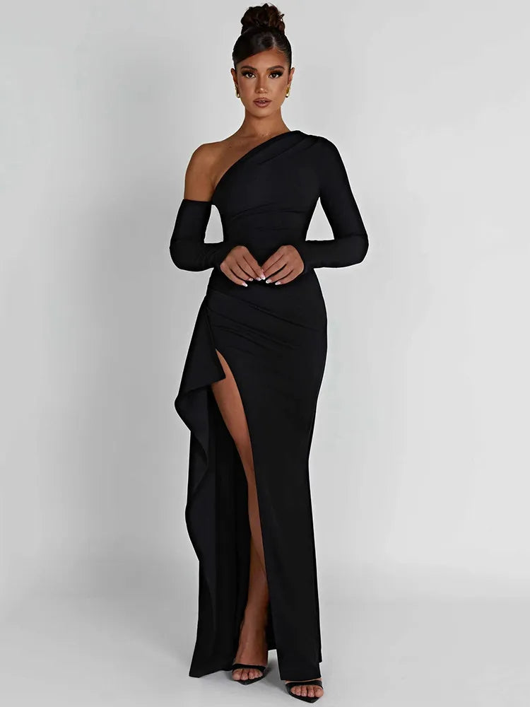 Oblique Shoulder Thigh High Split Maxi Dress Rown