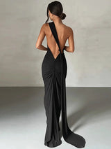 Oblique Shoulder Back Strap Backless Maxi Dress - Rown