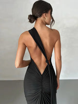 Oblique Shoulder Back Strap Backless Maxi Dress - Rown