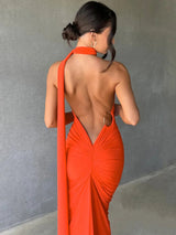 Oblique Shoulder Back Strap Backless Maxi Dress - Rown