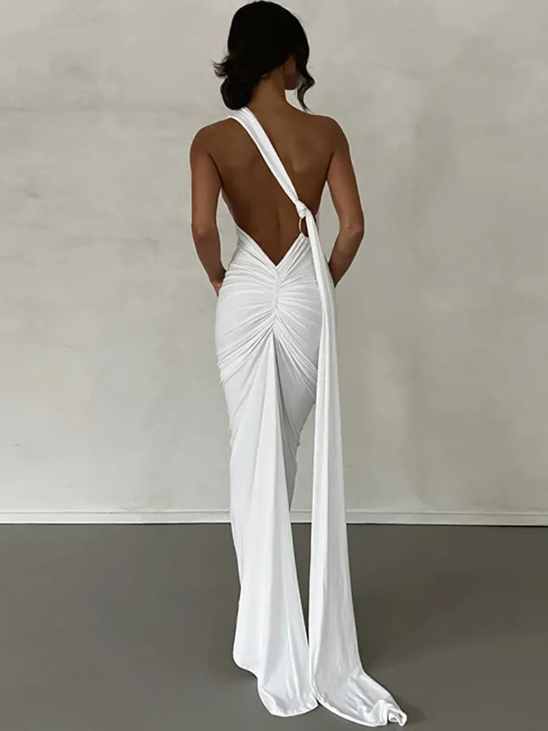 Oblique Shoulder Back Strap Backless Maxi Dress - Rown