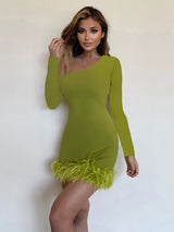 Oblique Shoulder Feather Mini Dress - Rown