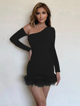 Oblique Shoulder Feather Mini Dress - Rown