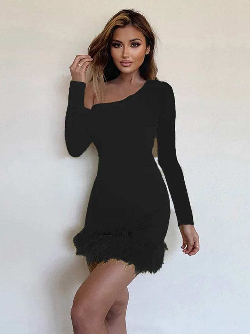 Oblique Shoulder Feather Mini Dress - Rown