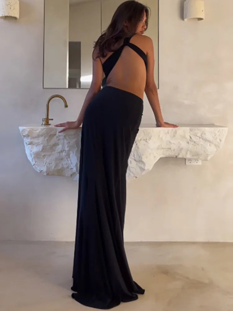 Oblique Shoulder Hollow Out Backless Maxi Dress - Rown