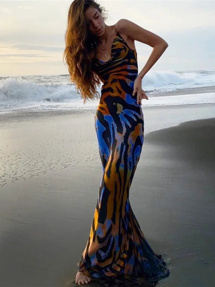 Off Shoulder Print Backless Boho Vestidos  Midi Dress Rown