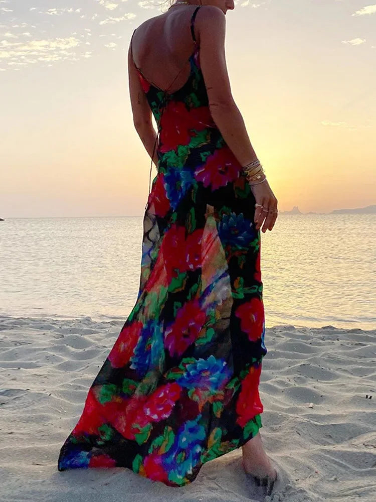 Off Shoulder Print Backless Boho Vestidos  Midi Dress Rown