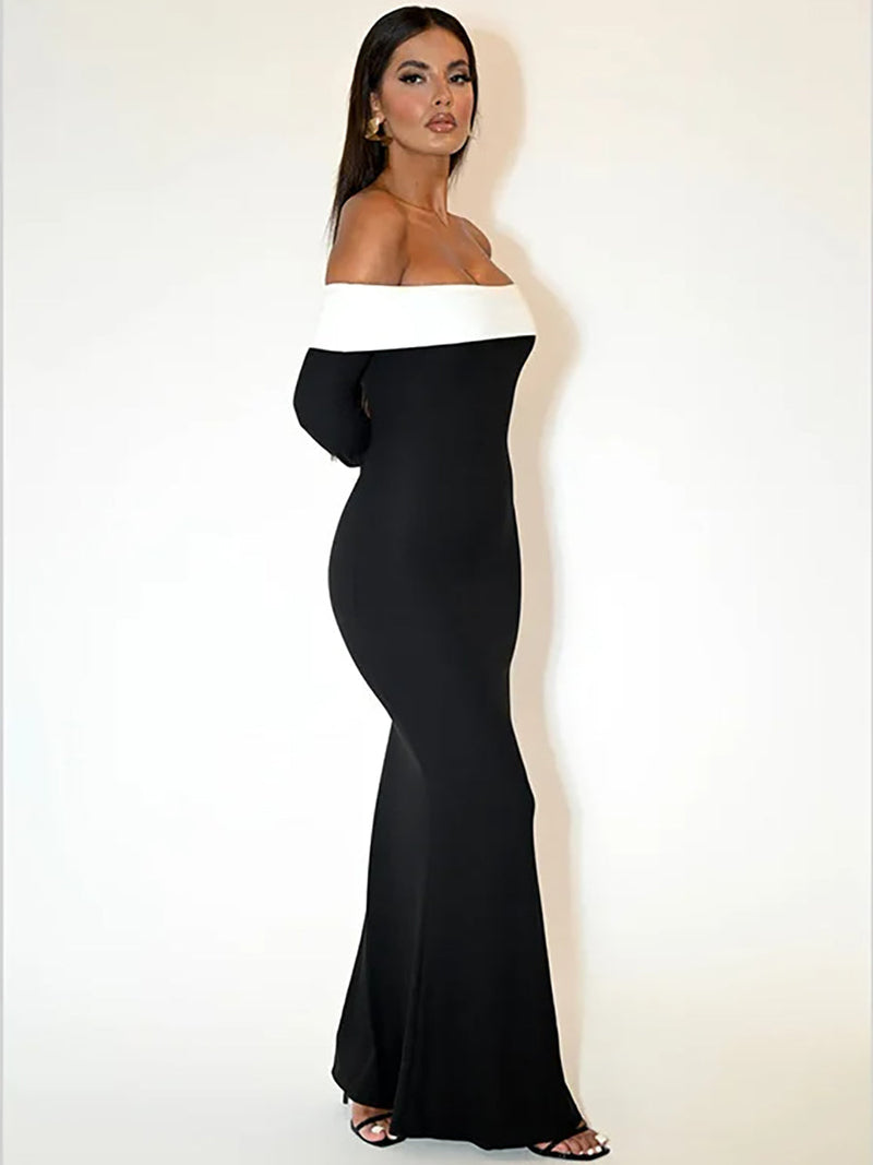 Off-shoulder Backless Contrast Bodycon Maxi Dress Rown