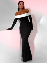 Off-shoulder Backless Contrast Bodycon Maxi Dress Rown