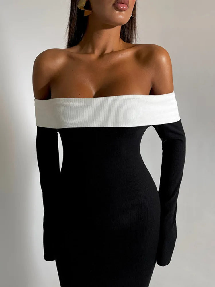 Off-shoulder Backless Contrast Bodycon Maxi Dress Rown