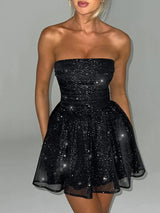 Off-shoulder Backless Pleated Sequins Sparkle Mini Dress Rown