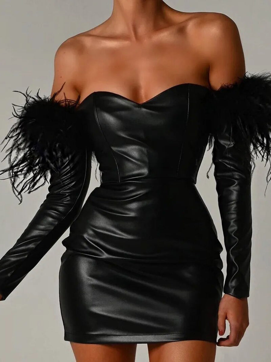 Off-shoulder Feather Sleeve PU Leather Mini Dress Rown