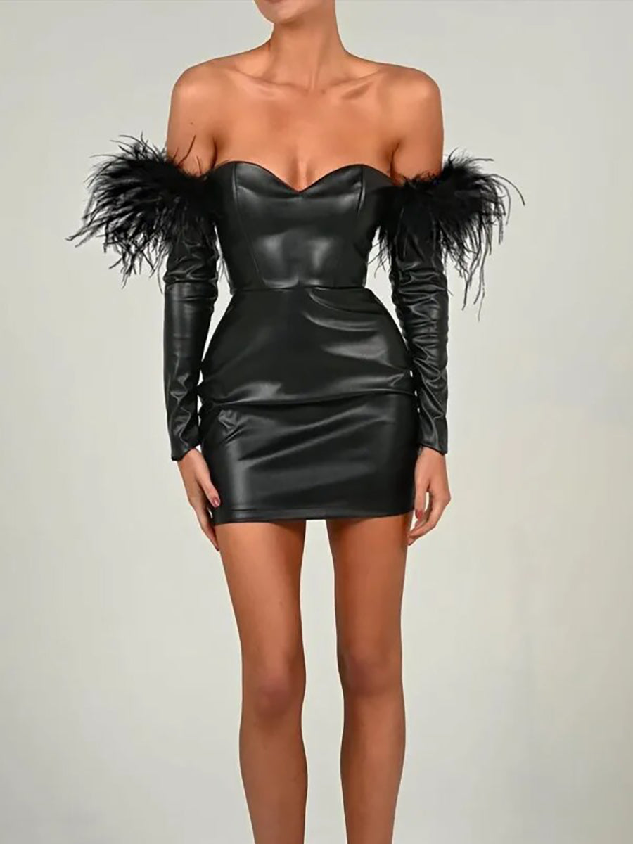 Off-shoulder Feather Sleeve PU Leather Mini Dress Rown