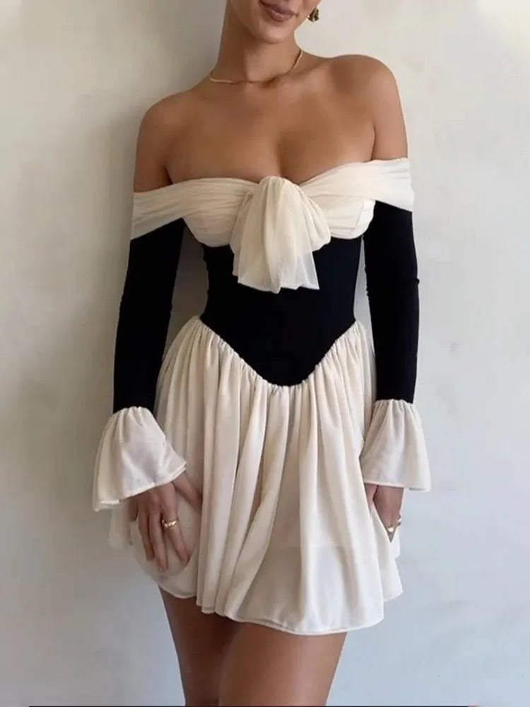 Off-shoulder Flare Sleeve Strapless Backless Mini Dress Rown