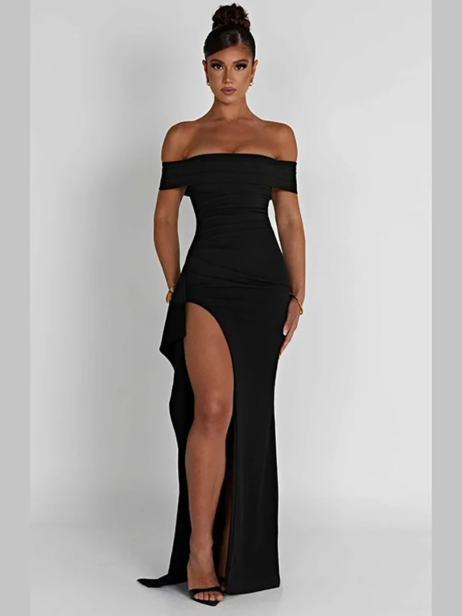 Off-shoulder Ruffled Thigh High Split Maxi Dress Rown