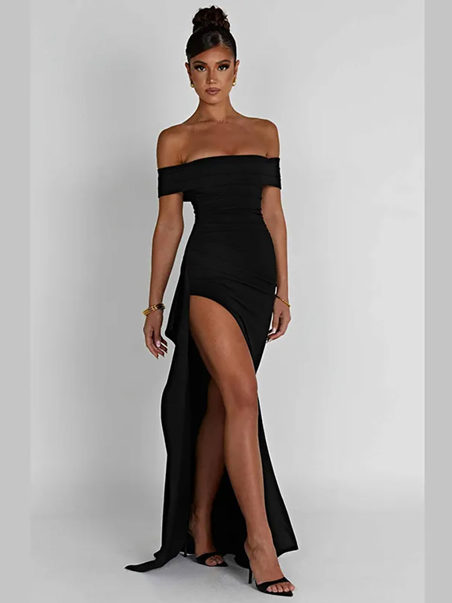 Off-shoulder Ruffled Thigh High Split Maxi Dress Rown