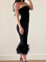 Off-shoulder Strapless Feather Tassel Backless Midi Dress Rown