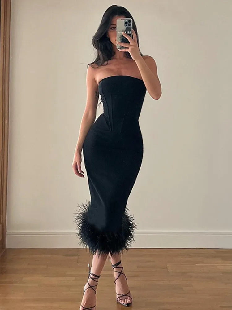 Off-shoulder Strapless Feather Tassel Backless Midi Dress Rown