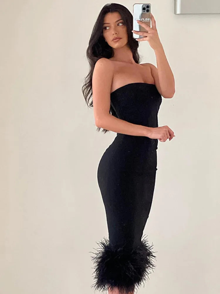 Off-shoulder Strapless Feather Tassel Backless Midi Dress Rown