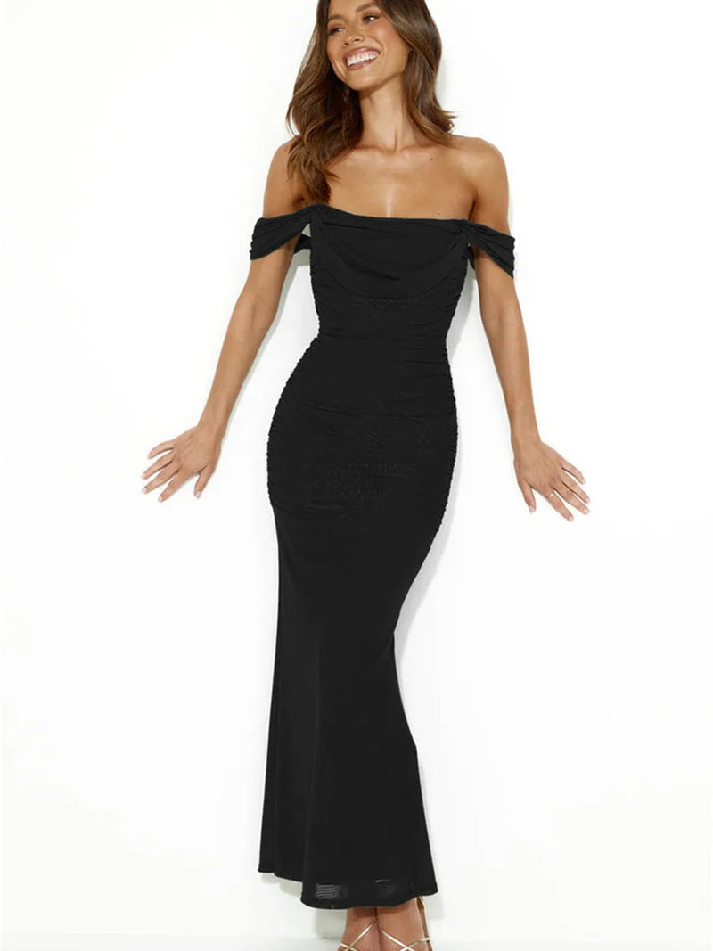 Off-shoulder Two Layer Mesh Bodycon Maxi Dress Rown