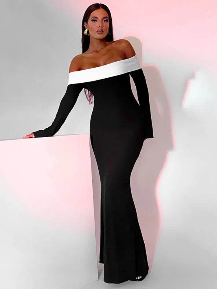 Off-shoulder Backless Contrast Bodycon Maxi Dress - Rown