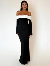 Off-shoulder Backless Contrast Bodycon Maxi Dress - Rown