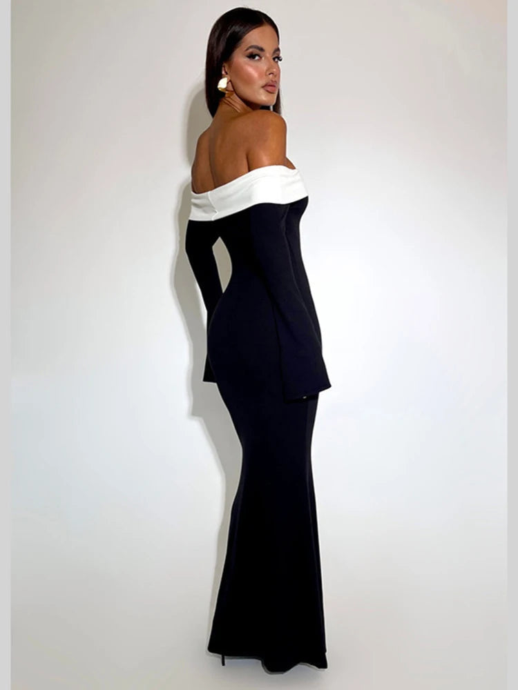 Off-shoulder Backless Contrast Bodycon Maxi Dress - Rown