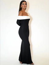 Off-shoulder Backless Contrast Bodycon Maxi Dress - Rown