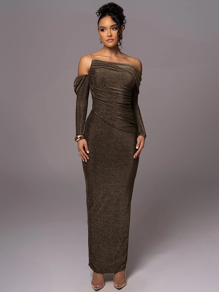 Off-shoulder Long Sleeve Strapless Backless Back Slit Evening Maxi Dress - Rown