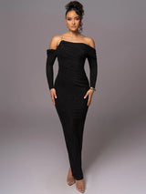 Off-shoulder Long Sleeve Strapless Backless Back Slit Evening Maxi Dress - Rown