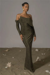 Off-shoulder Long Sleeve Strapless Backless Back Slit Evening Maxi Dress - Rown