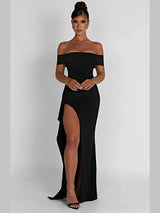 Off-shoulder Ruffled Thigh High Split Maxi Dress - Rown