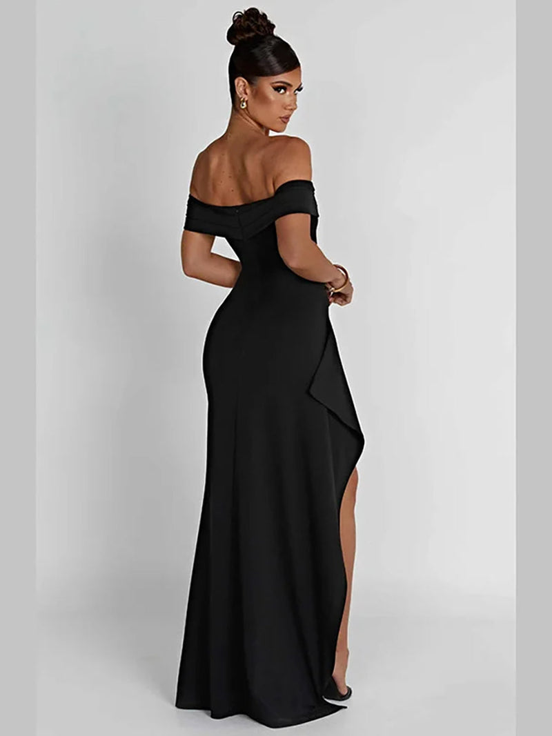 Off-shoulder Ruffled Thigh High Split Maxi Dress - Rown