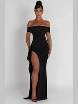 Off-shoulder Ruffled Thigh High Split Maxi Dress - Rown