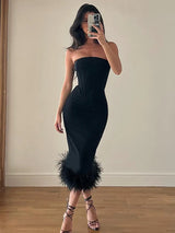 Off-shoulder Strapless Feather Tassel Backless Midi Dress - Rown