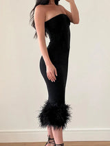 Off-shoulder Strapless Feather Tassel Backless Midi Dress - Rown