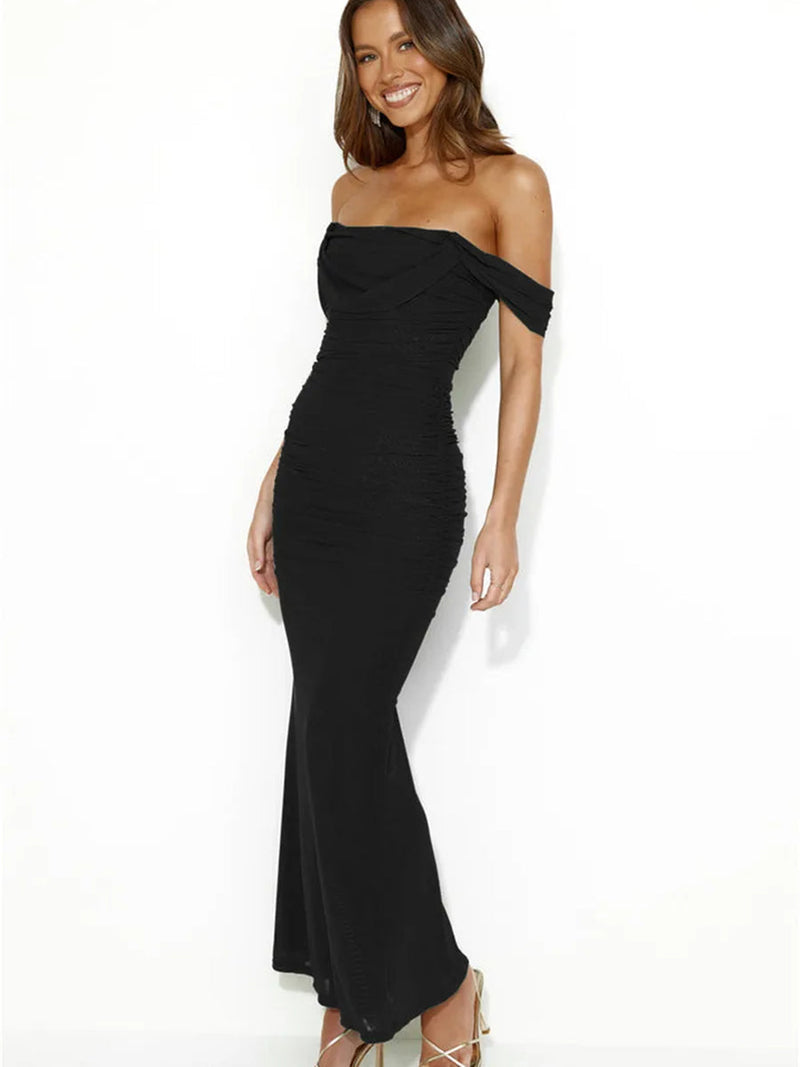 Off-shoulder Two Layer Mesh Bodycon Maxi Dress - Rown