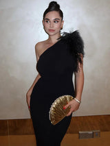 One Shoulder Feather Backless Maxi Dress Rown