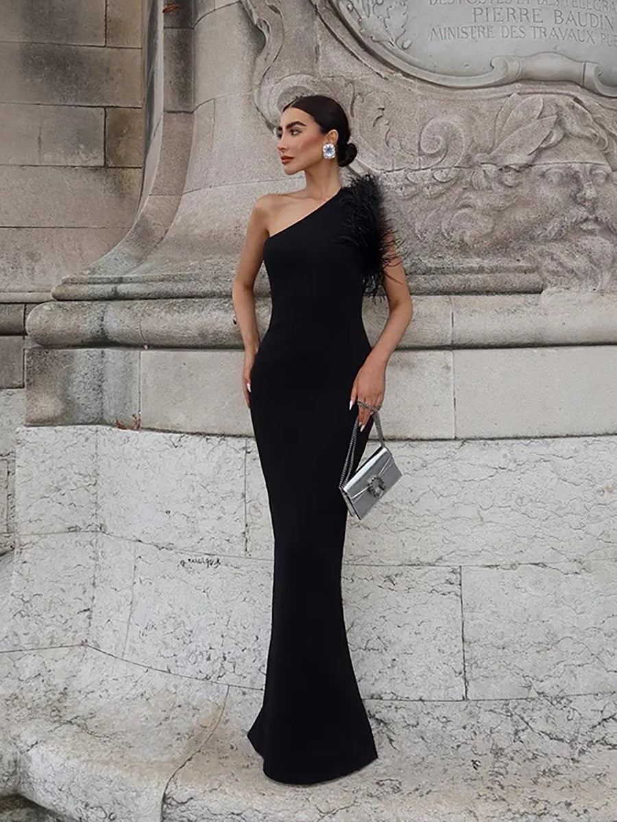 One Shoulder Feather Backless Maxi Dress Rown