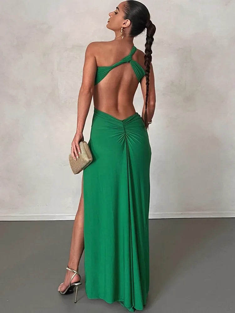 One Shoulder Strap High Split Backless Maxi Dress Rown