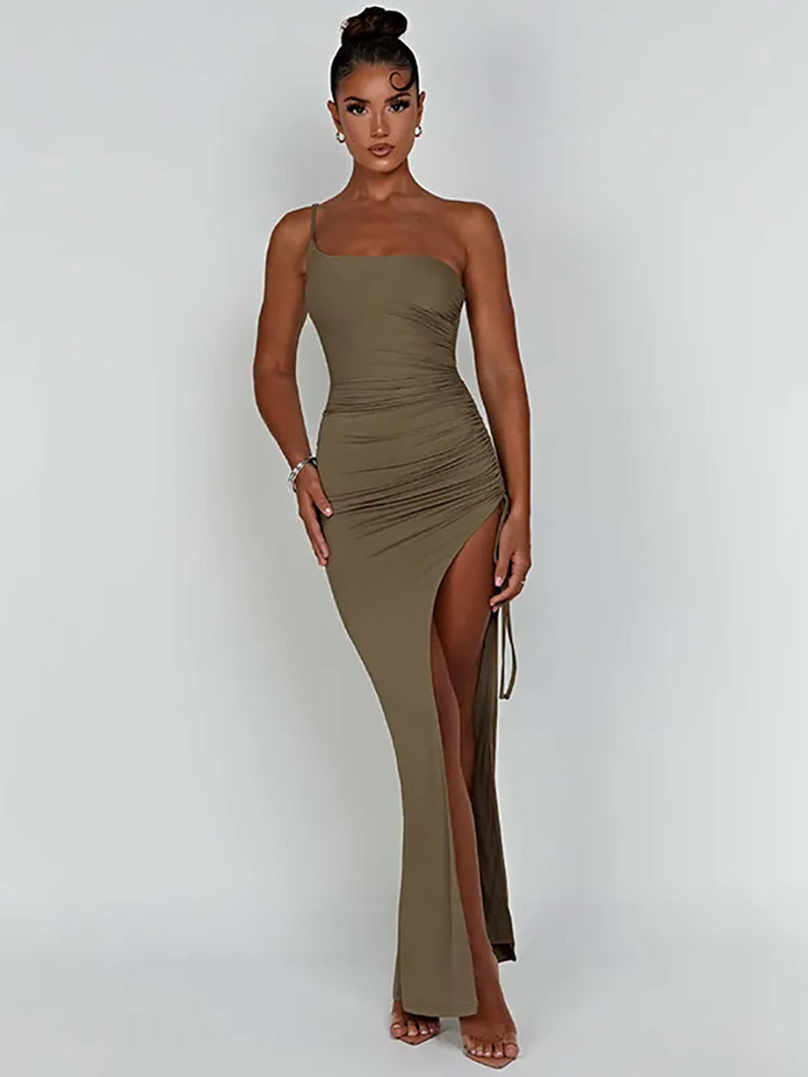 One Shoulder Strap Thigh High Split Maxi Dress Rown