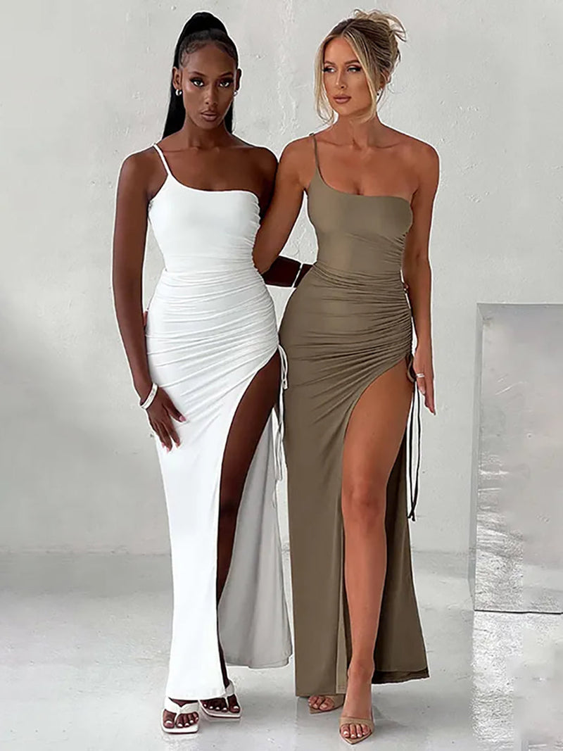 One Shoulder Strap Thigh High Split Maxi Dress Rown