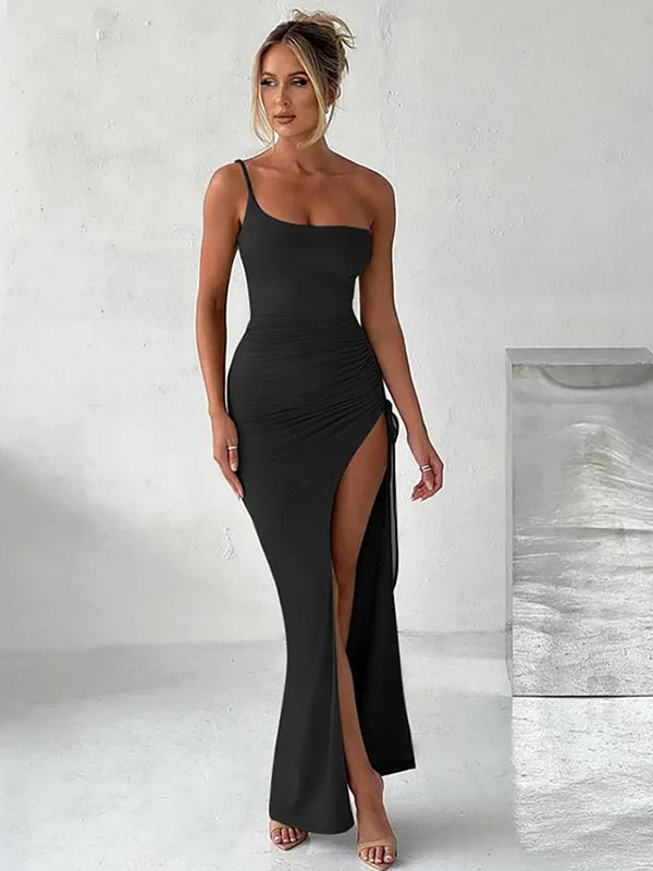 One Shoulder Strap Thigh High Split Maxi Dress Rown