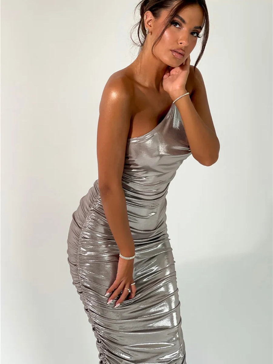 One Shoulder Strapless Backless Bodycon Maxi Dress Rown